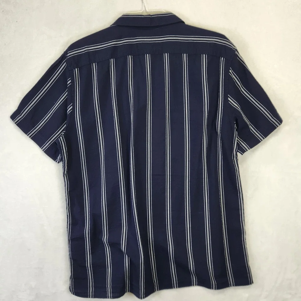 Banana Republic Mens Slim Fit Short Sleeve Striped Button‎ Up Shirt Navy Blue L